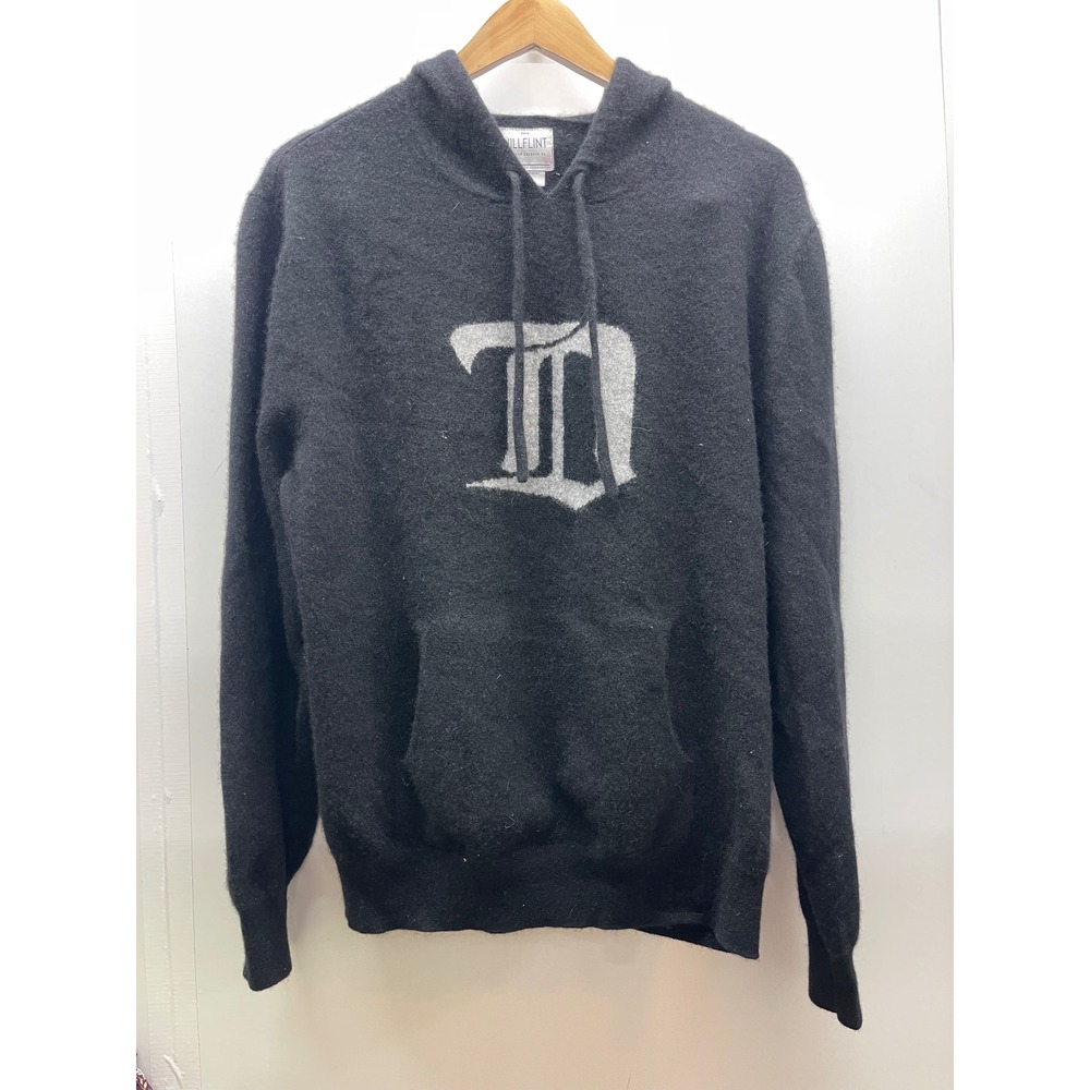 Hillflint 100% Cashmere Hoodie Black Old English D Detroit Sweater Mens XL